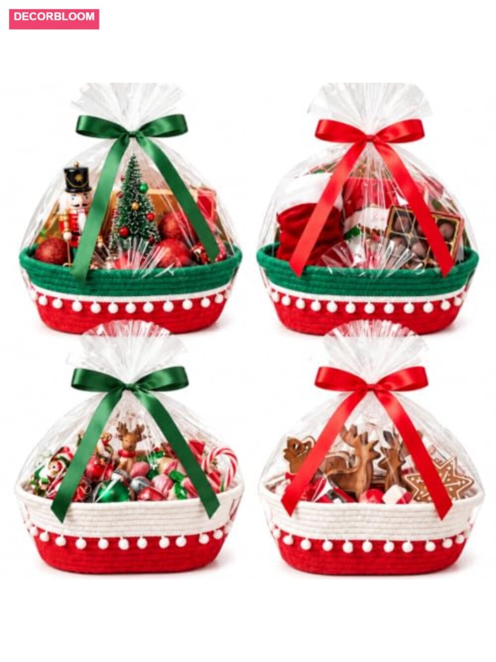 4 Pc Woven Cotton Rope Gift Baskets with Handles Pom Pom Trim Empty Baskets